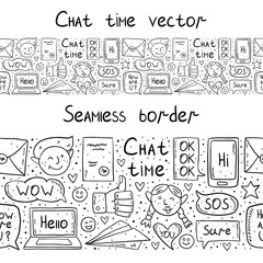 Chat time cartoon, doodle, vector seamless border, pattern, background, backdrop, texture, back. Speech bubble, message, emoji, letter, gadget.Black monochrome design. Isolated on white background. 
