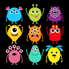 Monster set. Happy Halloween. Cute kawaii cartoon colorful scary funny character icon. Eyes, tongue, hands, horns, fang teeth . Funny baby collection. Isolated. Black background Flat design.