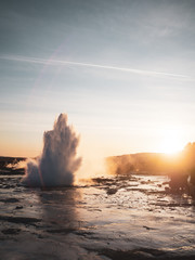 The Great Geysir erupting in spring, Iceland