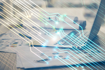 Double exposure of computer and technology theme hud. Concept of innovation.