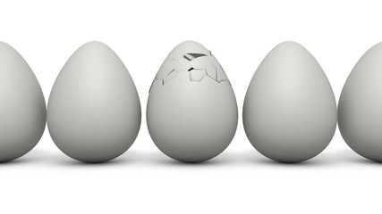 3D rendering of a row of white eggs, image isolated on a white background. The Central egg burst with cracks in the upper part. The moment when the chicken appears.