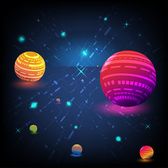 Solar system planets with stars Vector set in a space theme. Multicolored planets, earth, asteroids and meteors, flying saucers, illustration Template in space theme