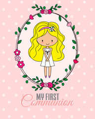 First communion card. Girl inside flower frame