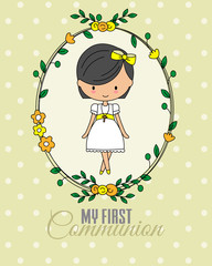 First communion card. Girl inside flower frame
