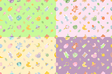Set stylish seamless pattern with funny cartoon animals on a light background. Colorful vector illustration.
