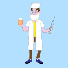 The masked doctor is holding a medicine and a syringe in his hands.