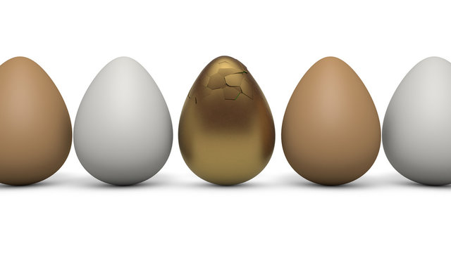 3D rendering of a row of white and yellow eggs and one Golden one, the image isolated on a white background. The Central Golden egg burst with cracks in the upper part. The idea of success in business