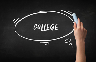 Hand drawing COLLEGE inscription with white chalk on blackboard, education concept