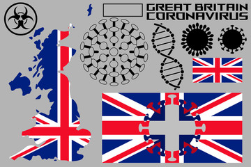 Obraz premium An illustration of the coronavirus, with flags and the territory of the country of great Britain. Coronavirus cells, a genetic helix, and a biohazard sign.