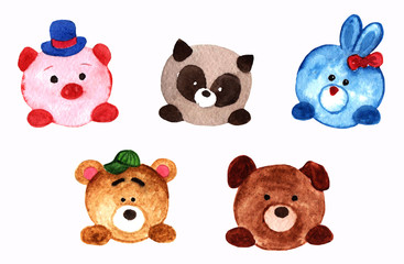 Obraz premium Cute watercolor animals. Isolated on white objects. Kids illustration
