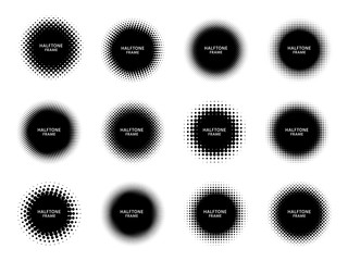 Round halftone shape frames. Black circles with dotted texture, dots gradient and circle shapes label frame vector set. Halftone label empty, spot gradient pattern round illustration