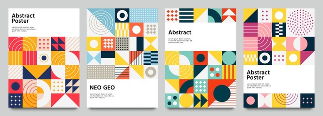 Color neo geo poster. Modern grid flyer with geometric shapes, geometry graphics and abstract background vector set. Geometry grid pattern banner vivid presentation illustration - obrazy, fototapety, plakaty