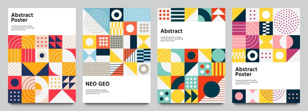 Fototapeta Color neo geo poster. Modern grid flyer with geometric shapes, geometry graphics and abstract background vector set. Geometry grid pattern banner vivid presentation illustration
