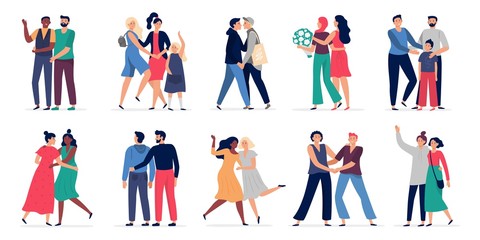 LGBT couples. Romantic gay couple date, happy people hugging and dancing together. Gays and lesbians couples with children vector illustration set. Romantic couple lgbt, homosexual boyfriend - obrazy, fototapety, plakaty