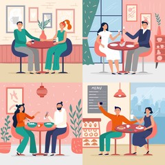 Couple on date in restaurant. Vector illustration set. People girl and boy lover sitting t table in restaurant, love female and male dating