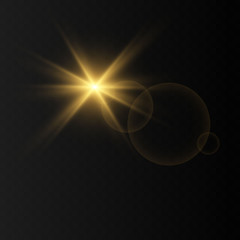 Set of Golden glowing lights effects isolated on transparent background. Flash of the sun with rays and searchlight. The glow effect. The star burst into brilliance.