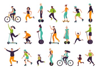 Active people. Healthy lifestyle, outdoor activities, running and jogging. Bike riding, skateboarding, rollerblading vector illustration set. Scooter electric, bicycle skateboard, run and hoverboard