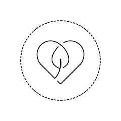 Linear heart and leaf sign. Single line eco friendly logo. Love the Earth concept. Sustainable materials symbol badge, stamp, emblem. Ethical manufacturing. Vector illustration, flat style, clip art. 