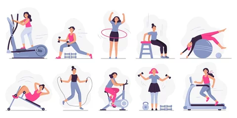 Fototapeten Woman at sport gym. Vector illustration set. Female run on treadmill, equipment for fitness in gym, workout people, training exercise collection © Tartila