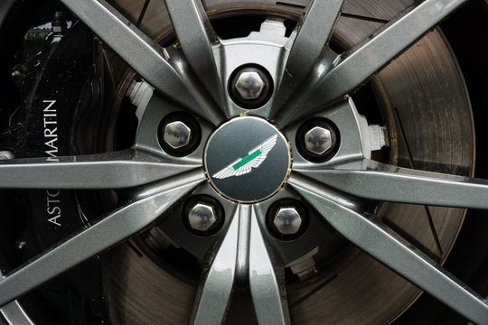 BERLIN - JUNE 14, 2015: The front brakes of a luxury sports car Aston Martin V8 Vantage N430 (since 2015). The Classic Days on Kurfuerstendamm.