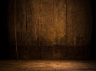background of barrel and worn old table of wood