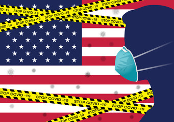 Coronavirus or Covid-19 in America Backgrond with Men wearing medical mask, Flag of America and Black & Yellow Hazard Safety Warning Stripe Tape Vector Illustration 