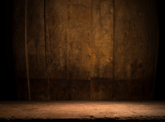 background of barrel and worn old table of wood