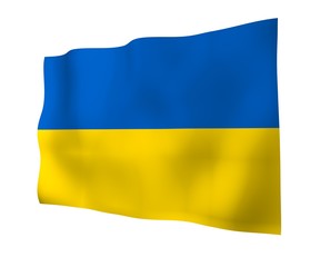 The flag of Ukraine on a white background. National flag and state ensign. Blue and yellow bicolour. 3D illustration waving flag