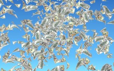 Flying dollars banknotes isolated on a blue background. Money is flying in the air. 100 US banknotes new sample. 3D illustration