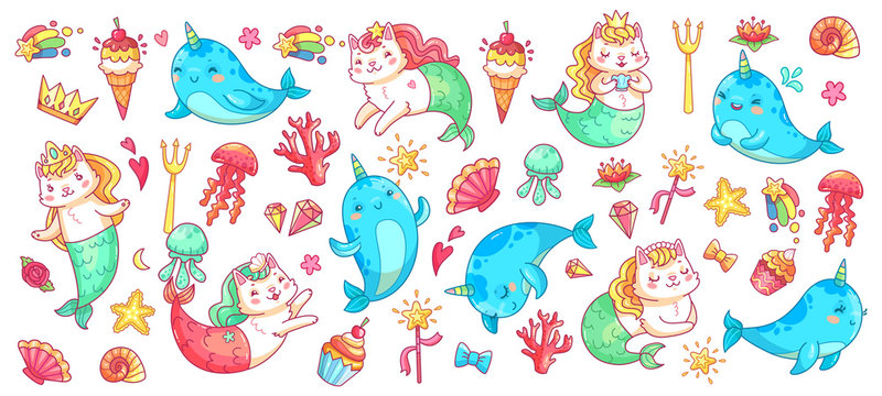 Unicorn narwhal and mermaid cat. Vector illustration set. Magic fantasy animal, mythological mermaid cat. funny myth, ice cream and fish