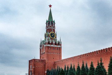 Spasskaya tower of the Kremlin with beautiful blue fir trees on Red Square in Moscow against a gloomy sky.