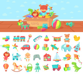 Cartoon toys. Vector set of kids play, block and doll, rattle car and cute elephant, joystick and box with game illustration