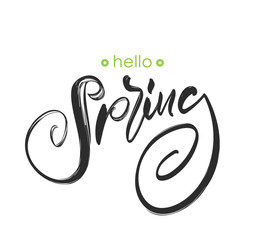 Hand drawn lettering of Hello Spring. Handwritten modern brush calligraphy design.