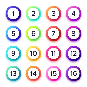 Numbers in colorful gradient frames. Vector set of rings gradient, number in circle round illlustration