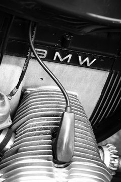 BERLIN - JUNE 14, 2015: Motorbike's engine BMW R45, 1981. Black and white. The Classic Days on Kurfuerstendamm.