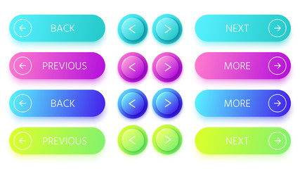 Obraz premium Gradient buttons. Next and back button, colorful prev and more buttons vector set. Prev and next arrow, previous or more icon colored button illustration