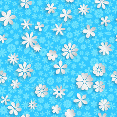 Seamless pattern with floral texture in light blue colors and big white paper flowers with soft shadows