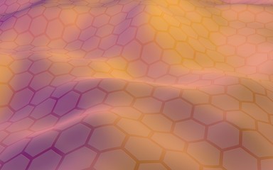 Colorful honeycomb with a gradient color on a light background. Perspective view on polygon look like honeycomb. Wavy surface. Isometric geometry. 3D illustration