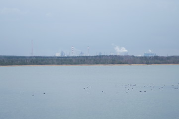 Dabrowa Gornicza Slask Polska. Widok na jezioro Pogoria IV w tle Huta Katowice.