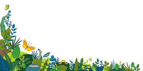 Beautiful floral background, corner frame. Green leaves, colorful flowers, caterpillar and butterflies. Spring, summer corner for social network, invitation, wedding, birthday. Vector illustration.