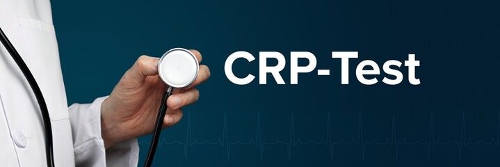 CRP-Test. Arzt im Kittel hält Stethoskop. Das Wort CRP-Test steht daneben. Symbol für Medizin,...