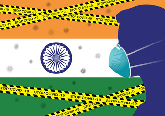 Coronavirus or Covid-19 in India Backgrond with Men wearing medical mask, Flag of India and Black & Yellow Hazard Safety Warning Stripe Tape Vector Illustration 