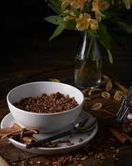 Chocolate granola in white bowl. Dark key photo style. cozy home, homemade breakfast