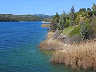 Beautiful dam of Marathon or Marathonas an artificial water reservoir of Athens, Attica, Greece