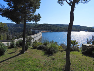 Beautiful dam of Marathon or Marathonas an artificial water reservoir of Athens, Attica, Greece