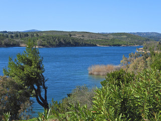Beautiful dam of Marathon or Marathonas an artificial water reservoir of Athens, Attica, Greece