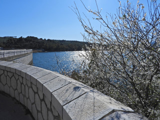 Beautiful dam of Marathon or Marathonas an artificial water reservoir of Athens, Attica, Greece