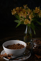 Chocolate granola in white bowl. Dark key photo style. cozy home, homemade breakfast