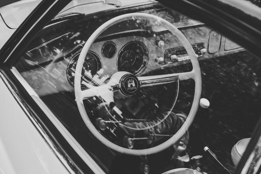 BERLIN - JUNE 14, 2015: Cabin of a sports car Karmann Ghia. Stylization. Black and white. The Classic Days on Kurfuerstendamm.