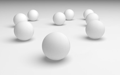White abstract background. Set of white balls isolated on white backdrop. 3D illustration